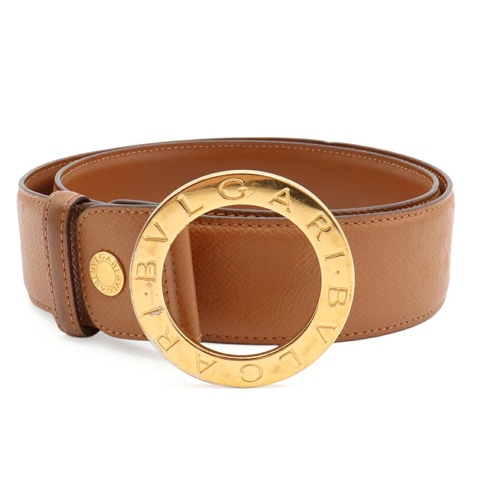 BVLGARI Bulgari Belt, Round Buckle, Leather, Camel/Light Brown, Size #105, Ac...